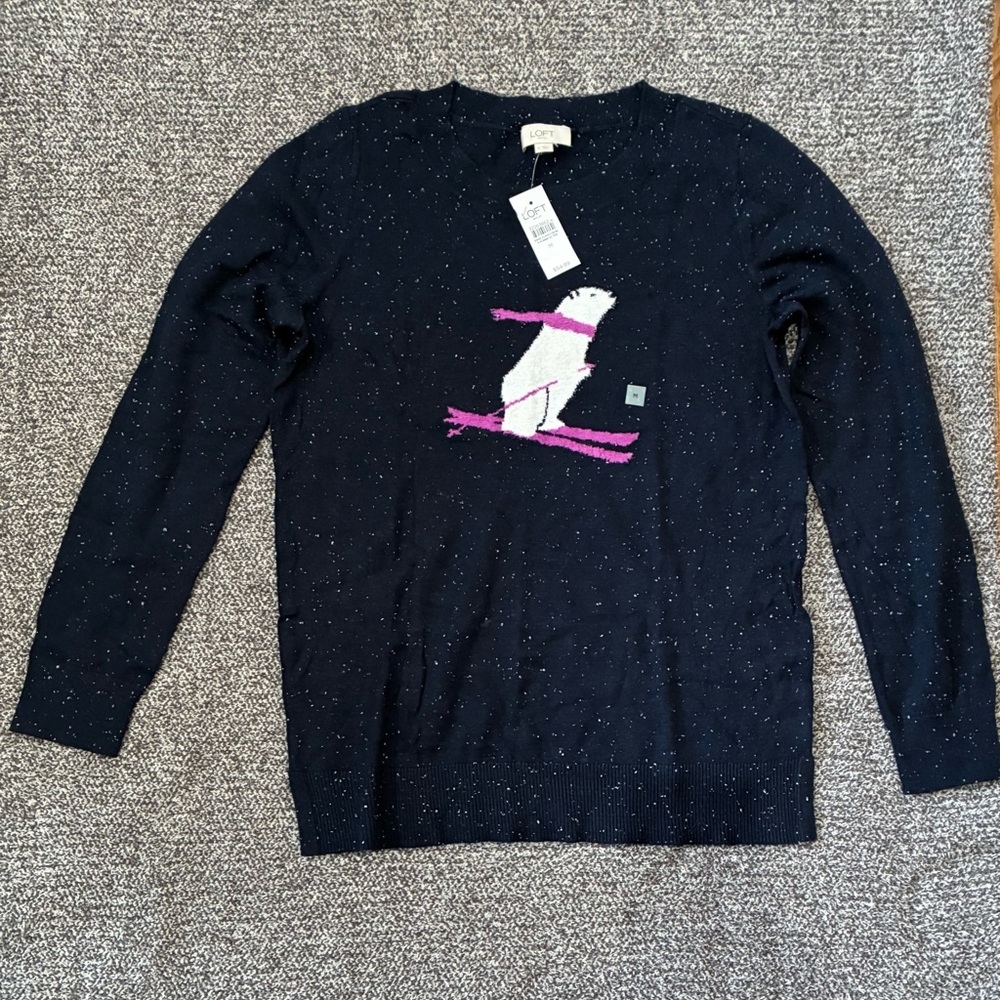 LOFT Navy Speckled Sweater with White Penguin and Pink Accents